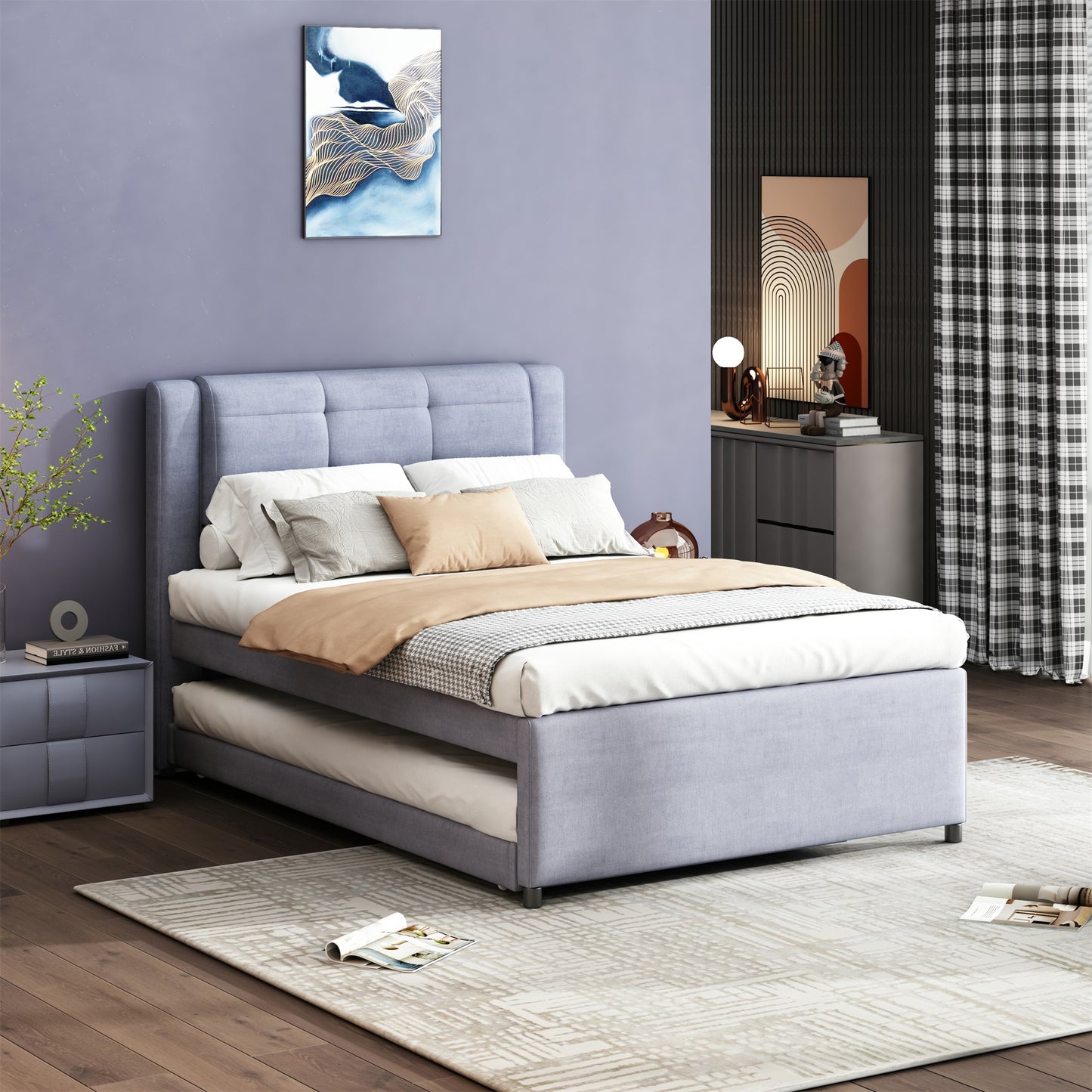 Light blue upholstered twin bed with trundle tufted headboard and matching nightstand
