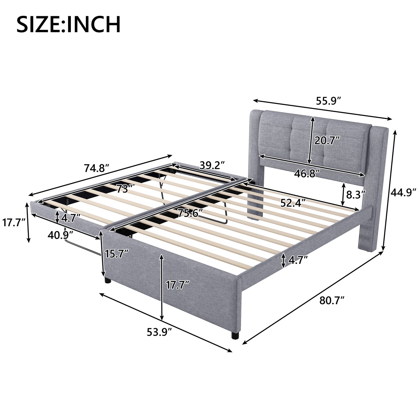Gray upholstered platform bed frame with tufted headboard and wooden slats