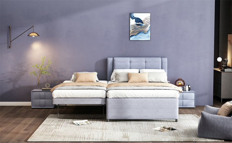 Light blue upholstered twin daybed with pullout trundle perfect for guest rooms