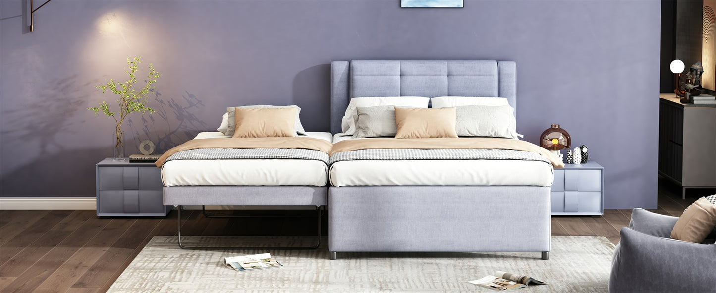 Light blue upholstered twin bed with pullout trundle perfect for guest rooms