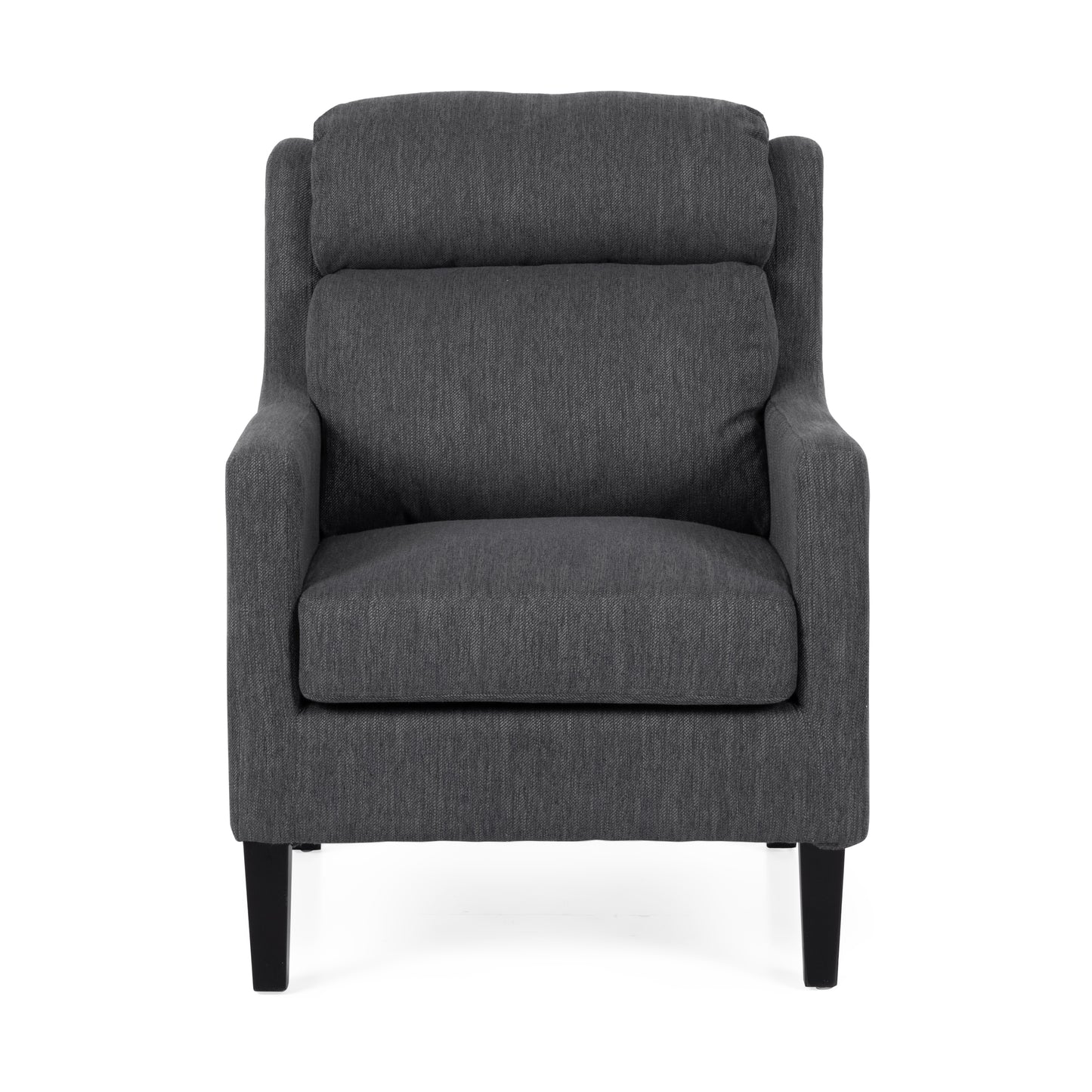 Modern charcoal grey fabric accent chair with supportive back and arms for living room