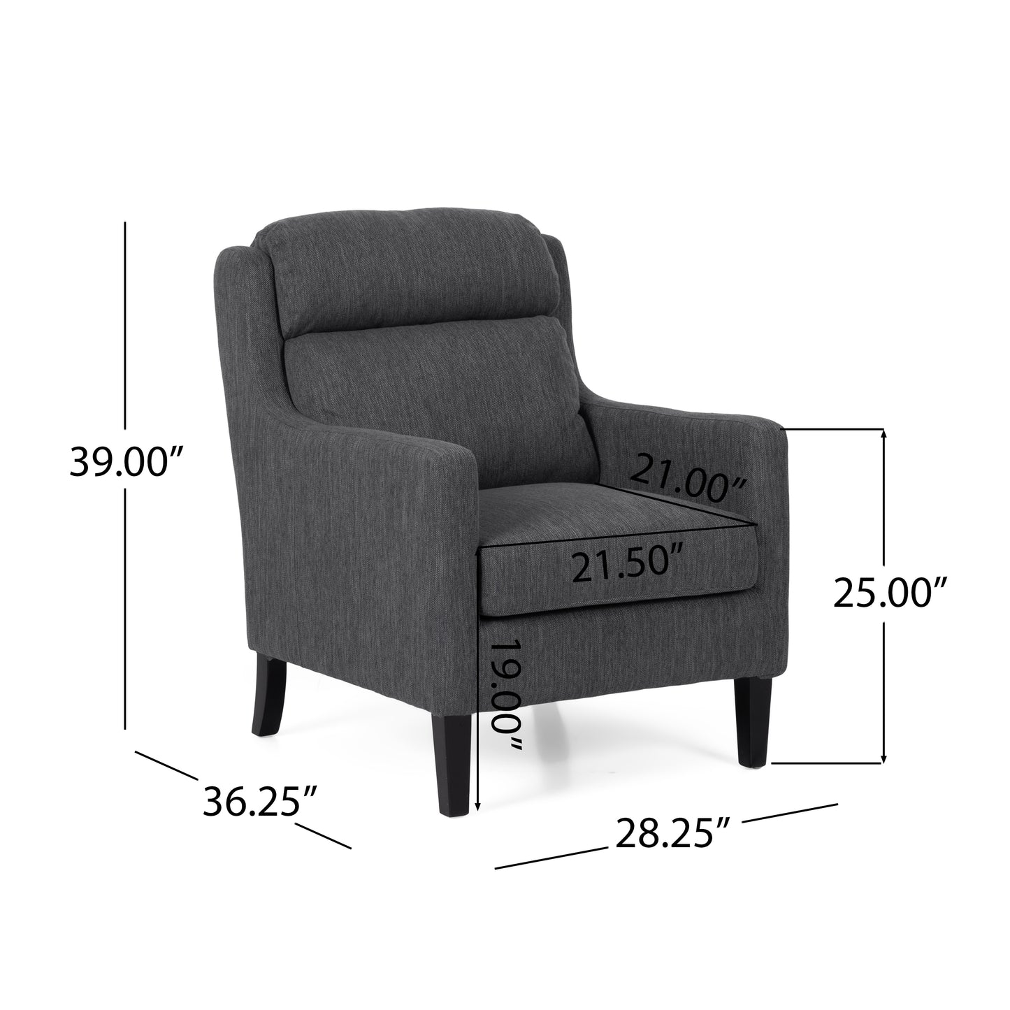 Charcoal gray fabric accent chair with button tufted back and plush seat cushion