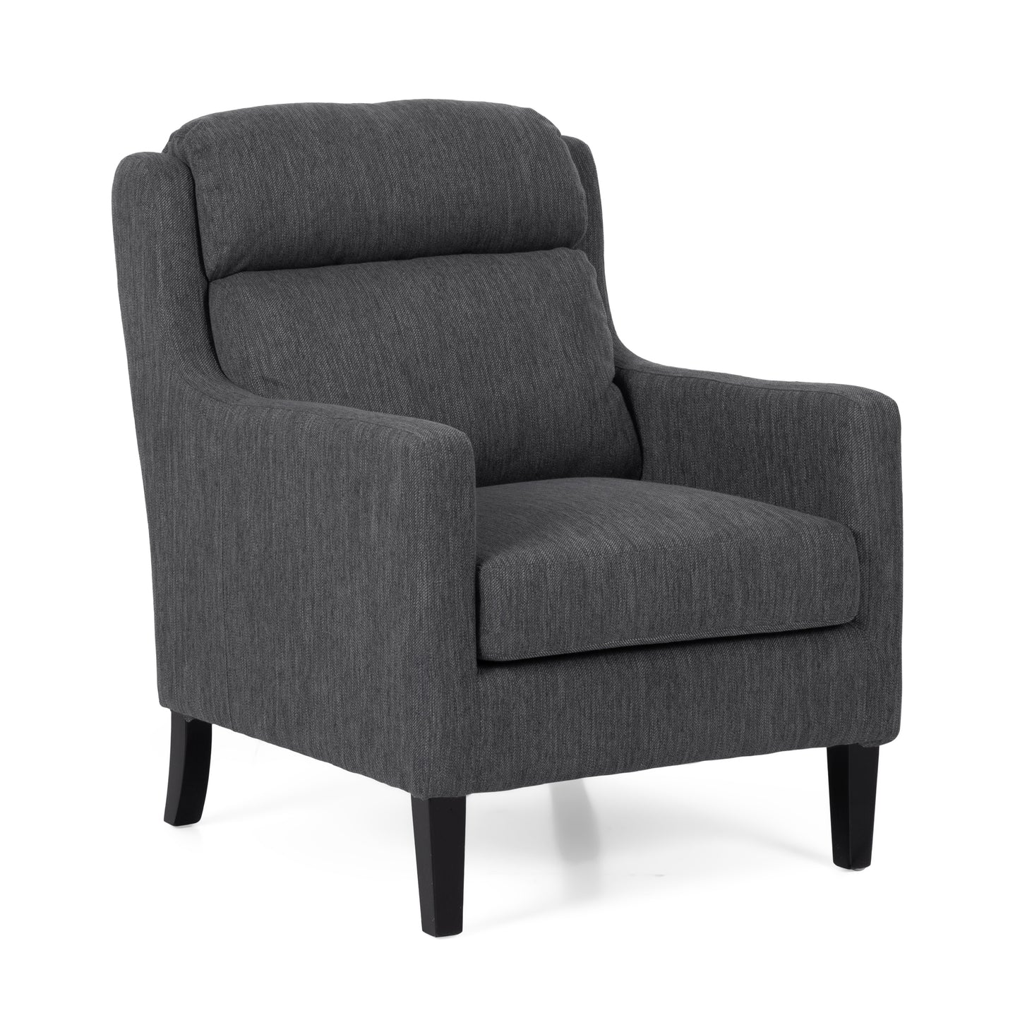 Dark grey fabric accent chair with winged back and plush seat cushion