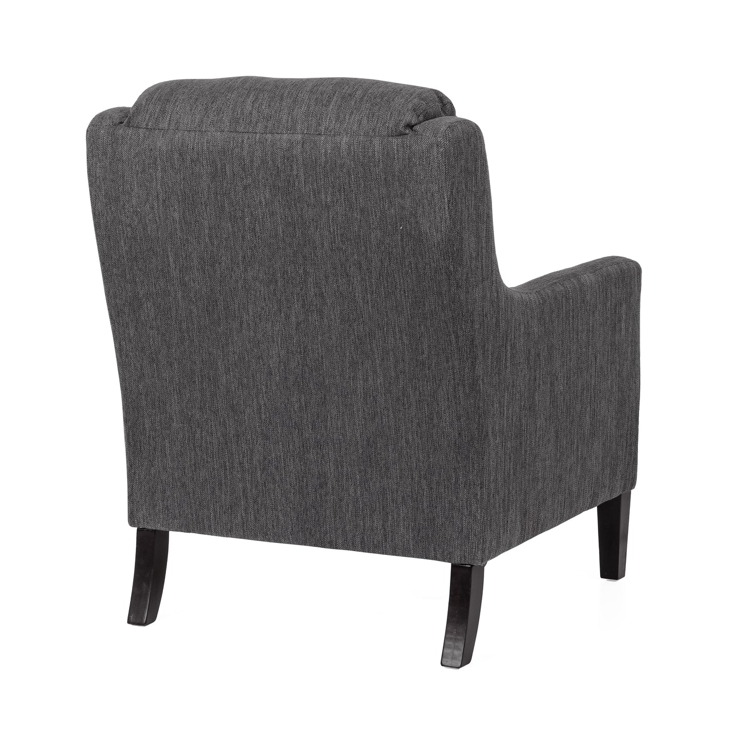 Back view of a dark gray upholstered armchair with wooden legs ideal for a living room accent