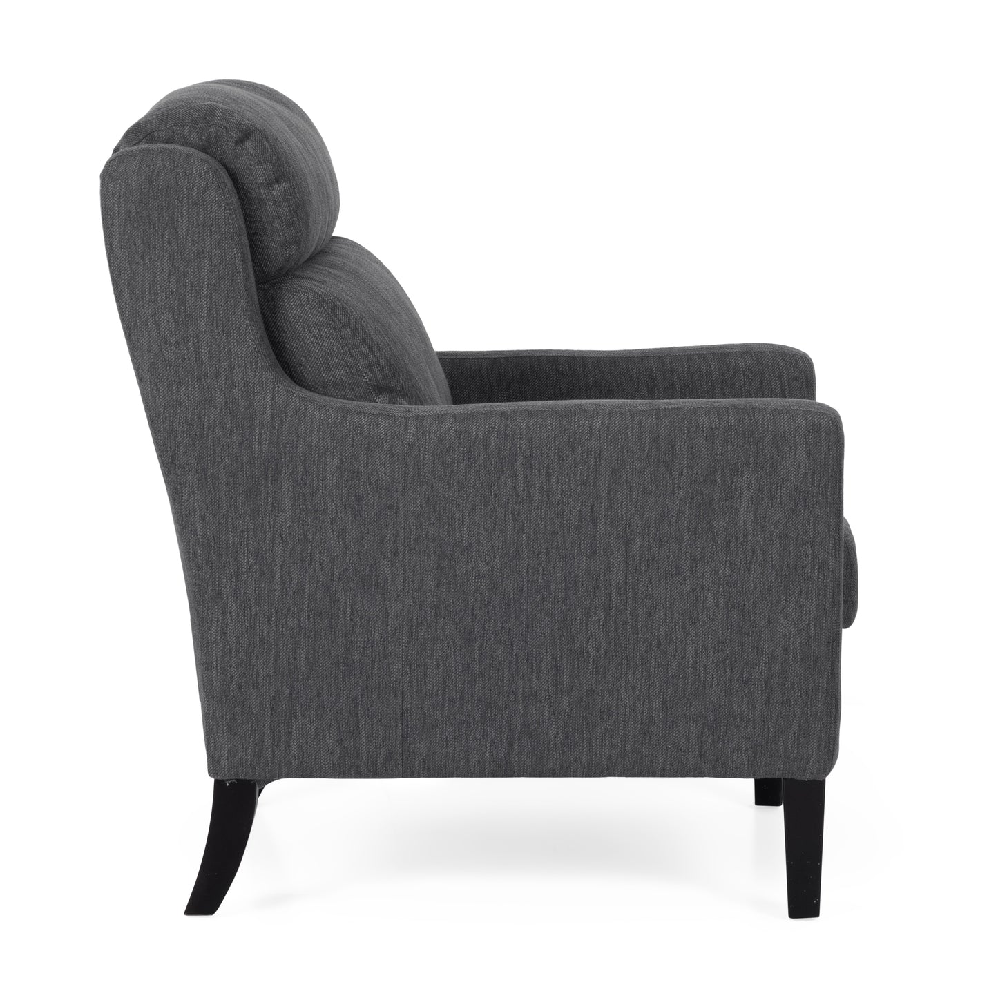 Dark gray fabric armchair with tufted back and sleek black legs modern accent chair