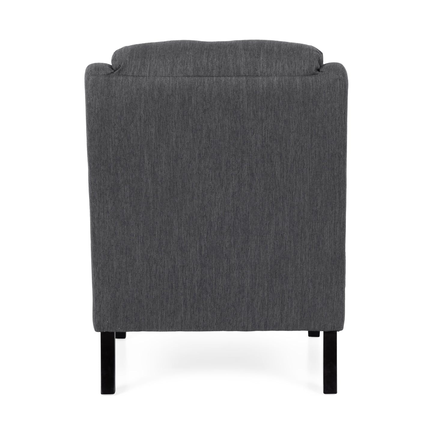 Back view of a charcoal gray fabric accent chair with slim black legs perfect for a modern living room
