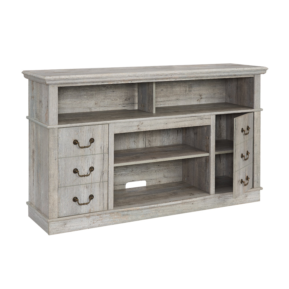 Distressed wood media console with open shelving and three drawers