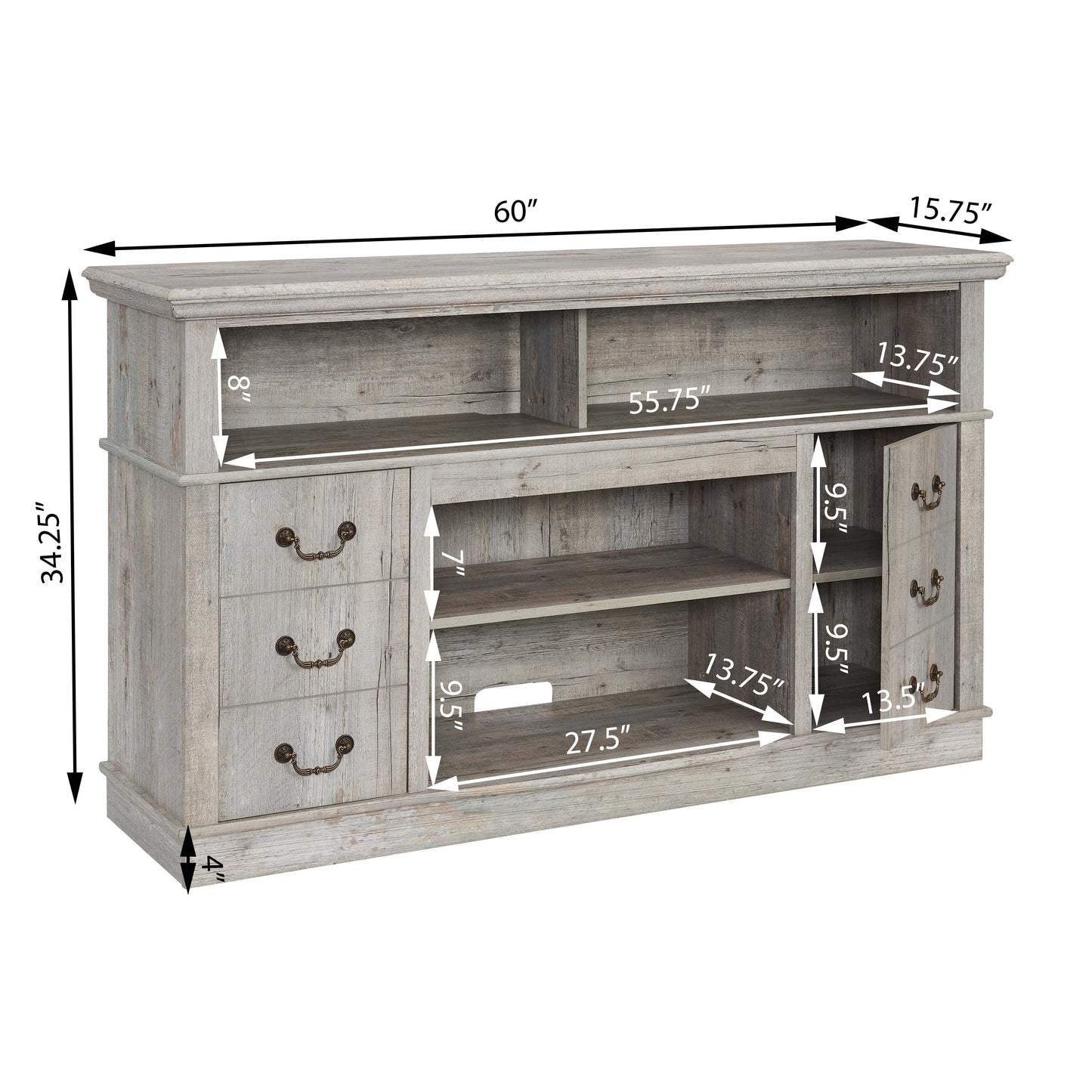 Distressed gray washed wood TV stand with three drawers and two cabinet doors