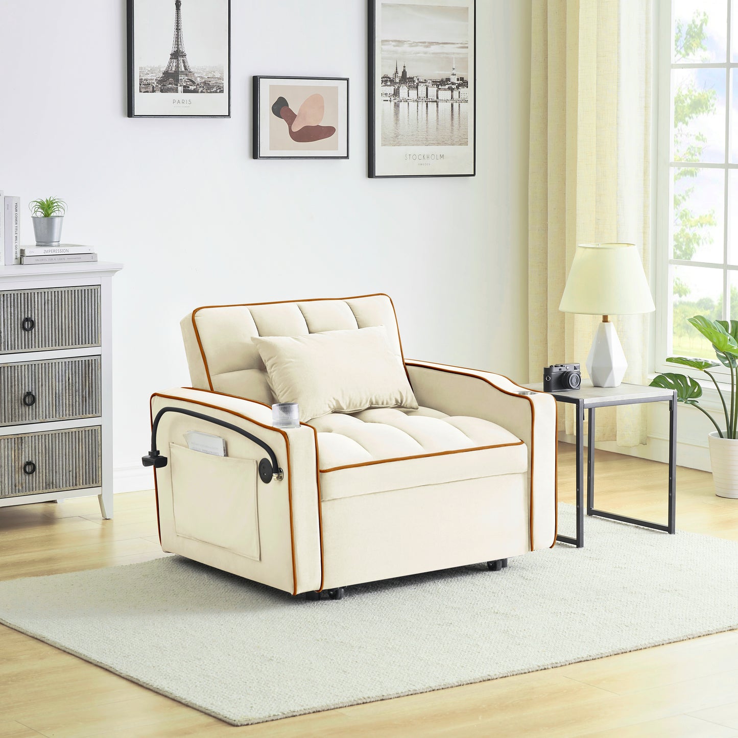 Cream velvet accent chair with tufted back matching pillow and brown trim