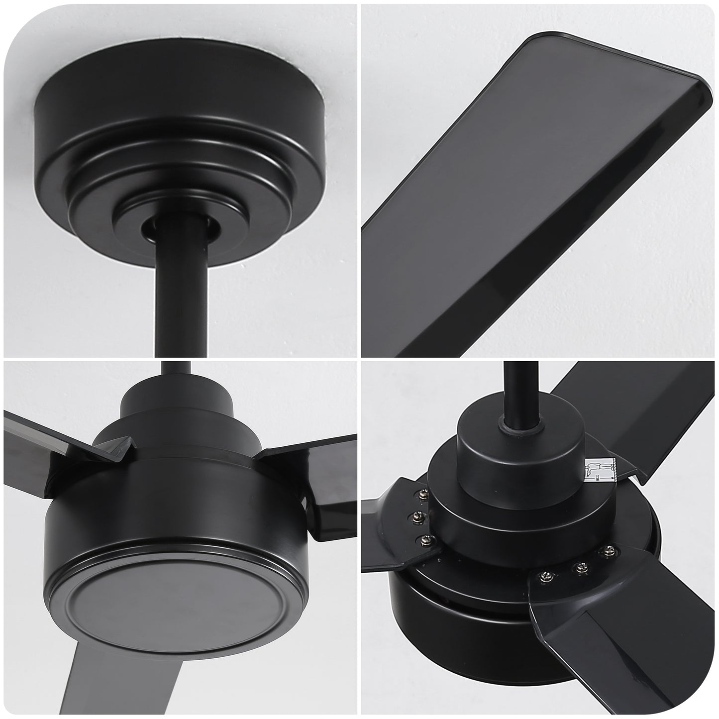 Closeup of black ceiling fan motor housing with tiered design