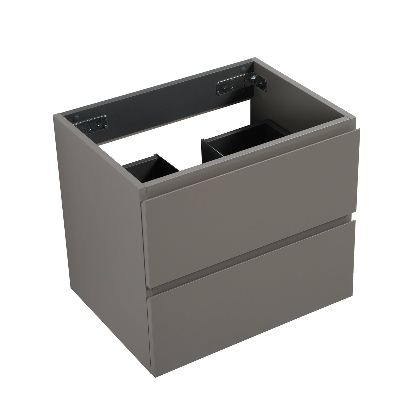 Gray modern bathroom vanity cabinet with two drawers and internal organizers