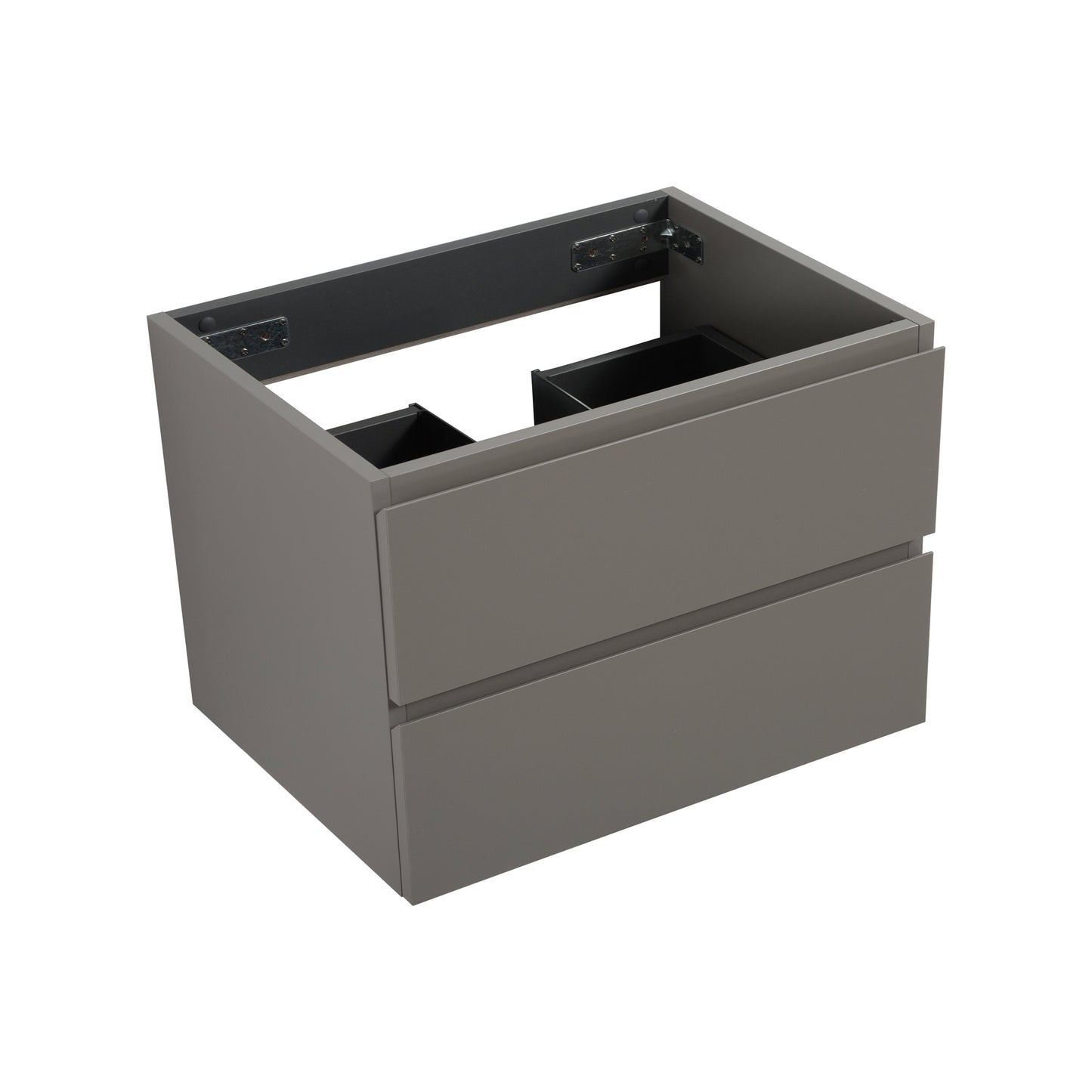 Gray floating vanity cabinet with two drawers and internal dividers