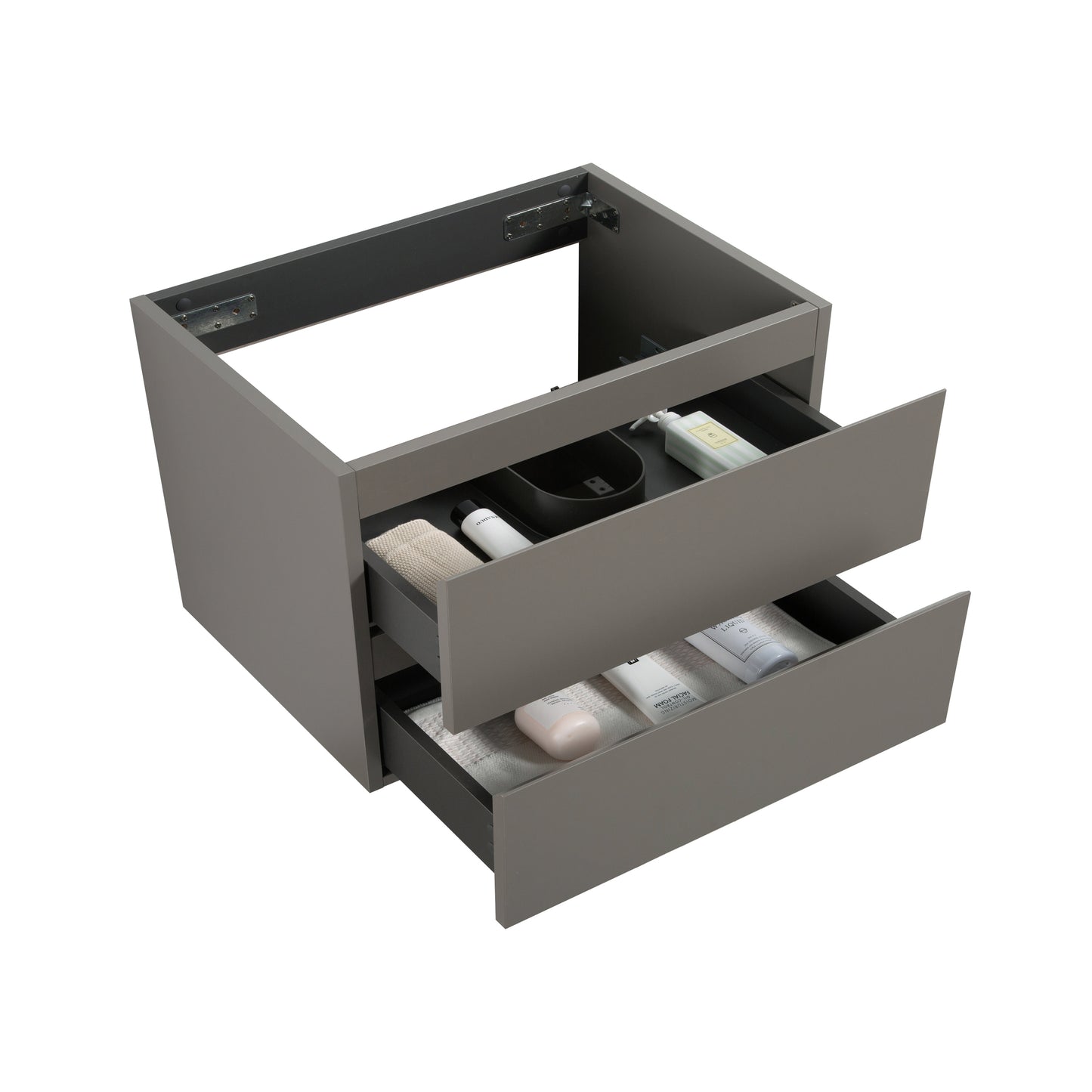 Gray modern bathroom vanity cabinet with two drawers open showcasing toiletries