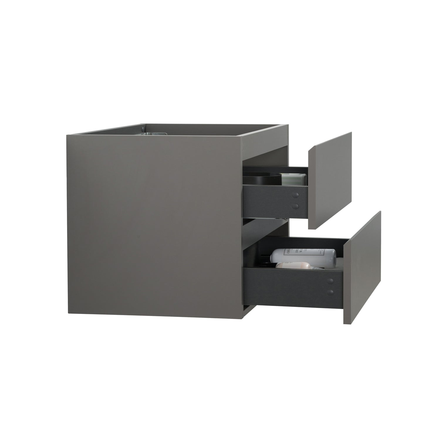 Gray modern bathroom vanity cabinet with two drawers and organized toiletries