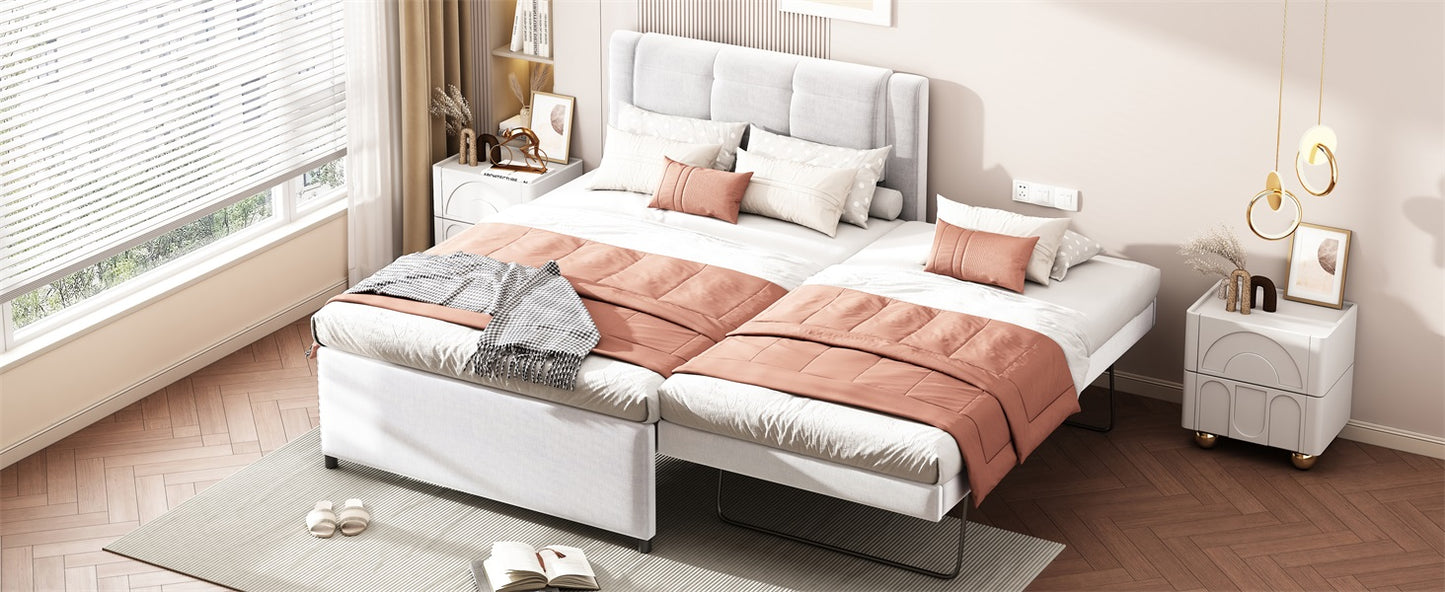 White upholstered twin bed frame with rose gold duvet and accent pillows