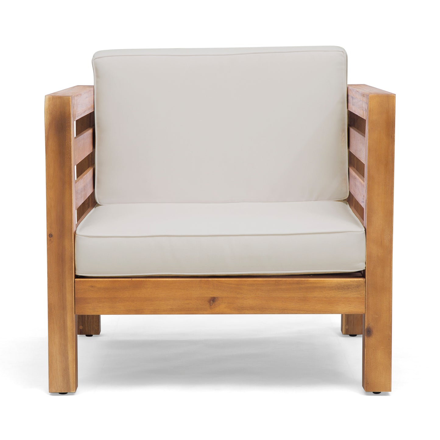 Wooden patio armchair with cream cushions modern design
