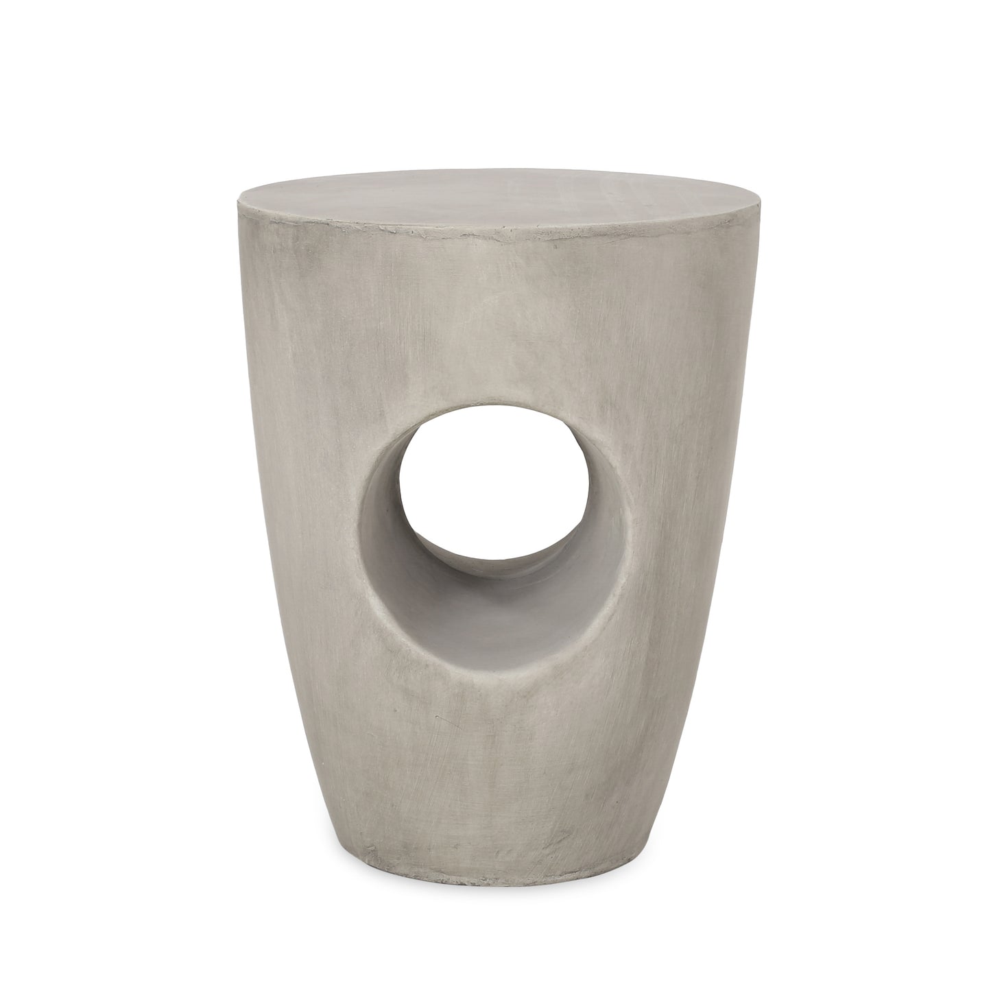 Modern gray concrete cylindrical stool with a central circular cutout for accent