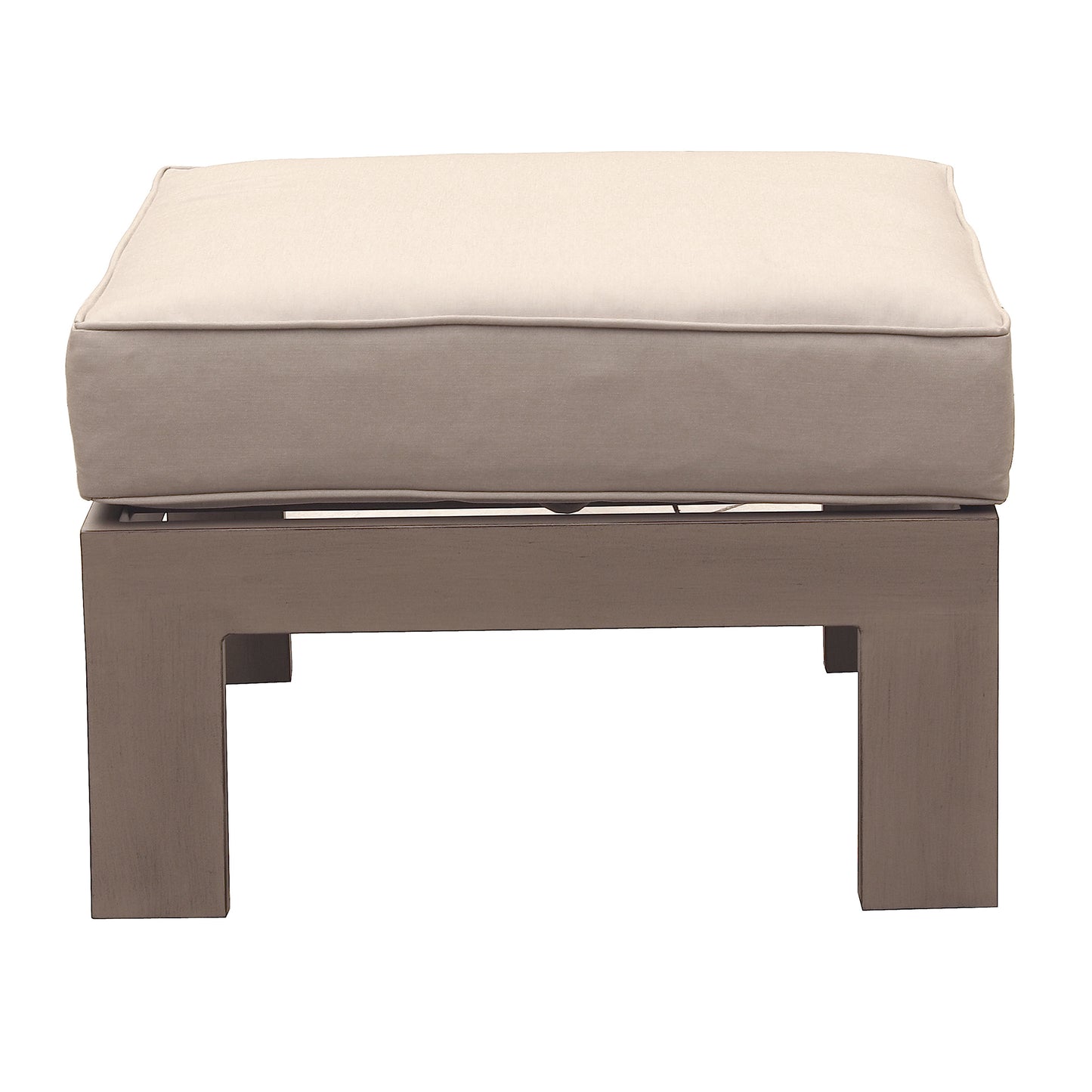 Modern outdoor ottoman with taupe frame and cream cushion