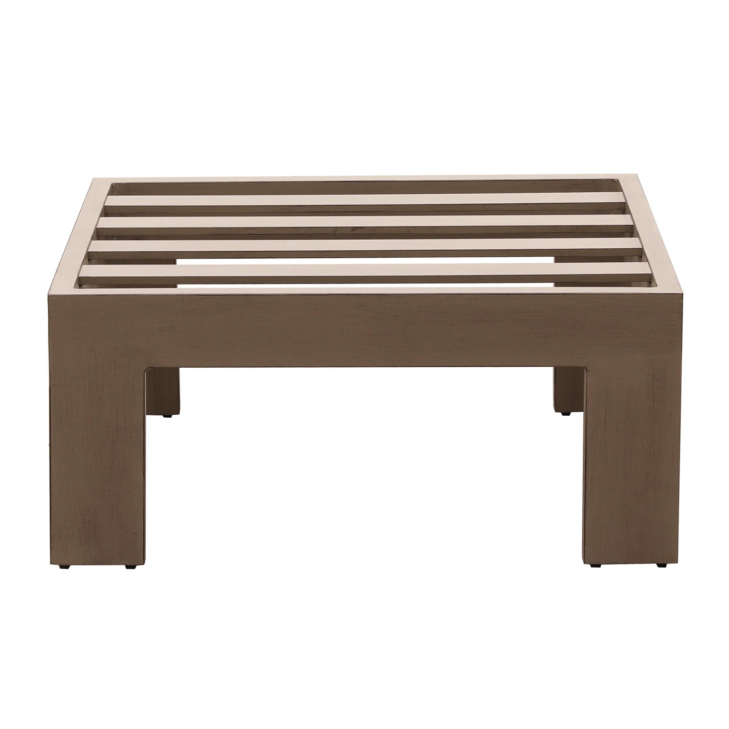 Modern slatted aluminum coffee table base in brushed nickel finish