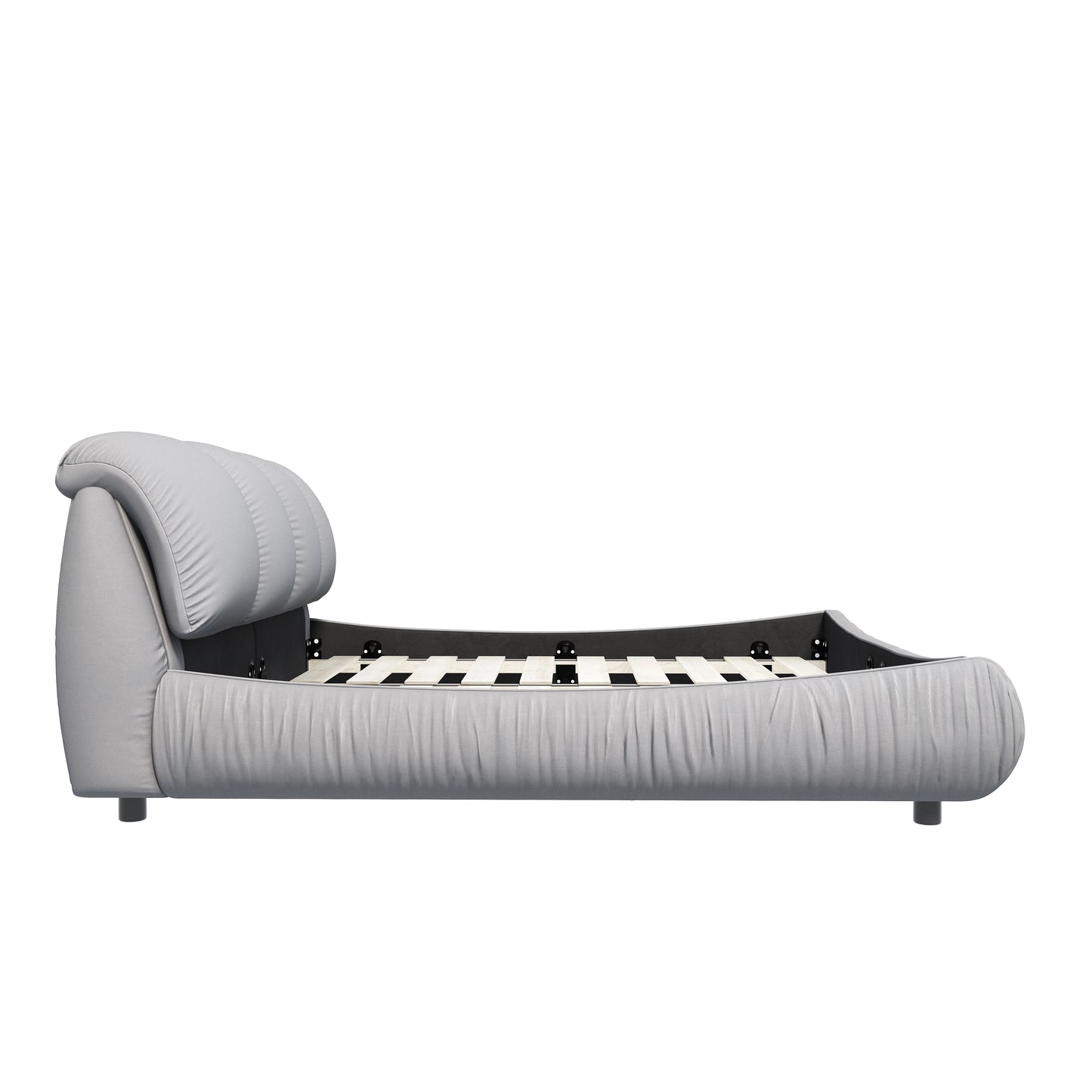 Gray fabric bed frame with tufted headboard and integrated slats