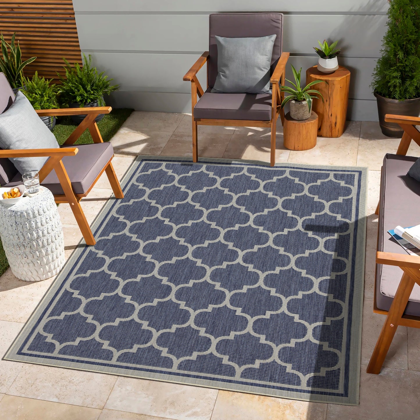 Dark blue and beige geometric pattern outdoor rug x ft size