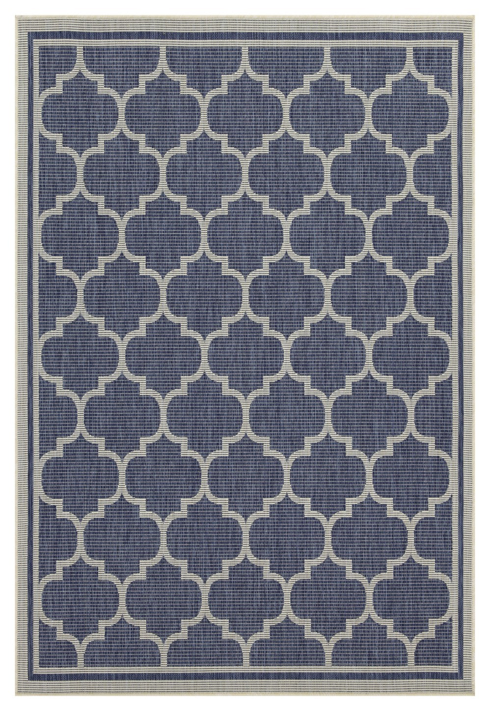 Navy blue area rug with interlocking quatrefoil pattern in cream x size