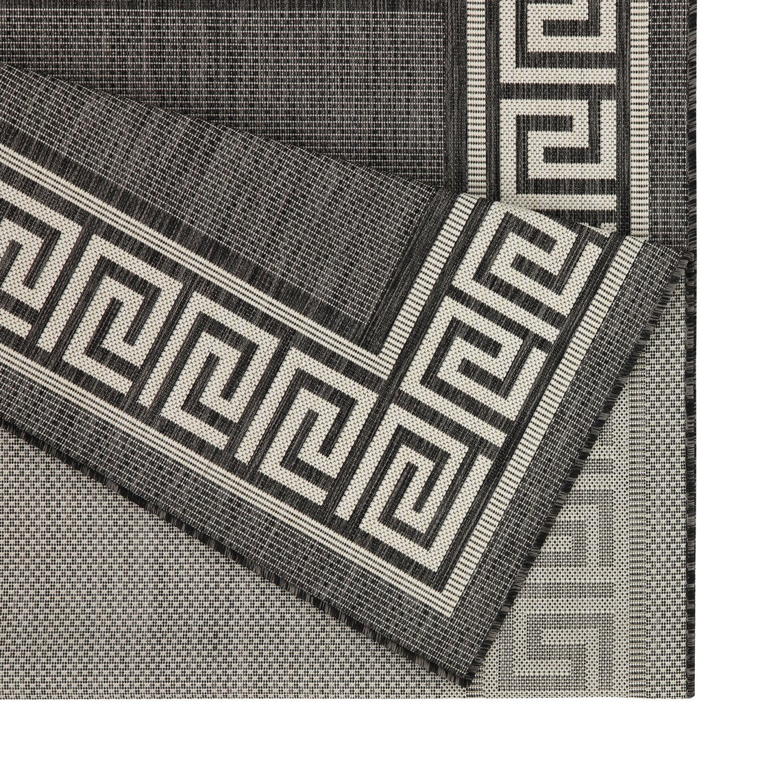 Grey and white Greek key patterned indoor outdoor rug