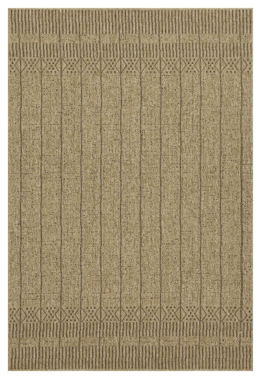Textured tan runner rug with vertical stripes and geometric border detail