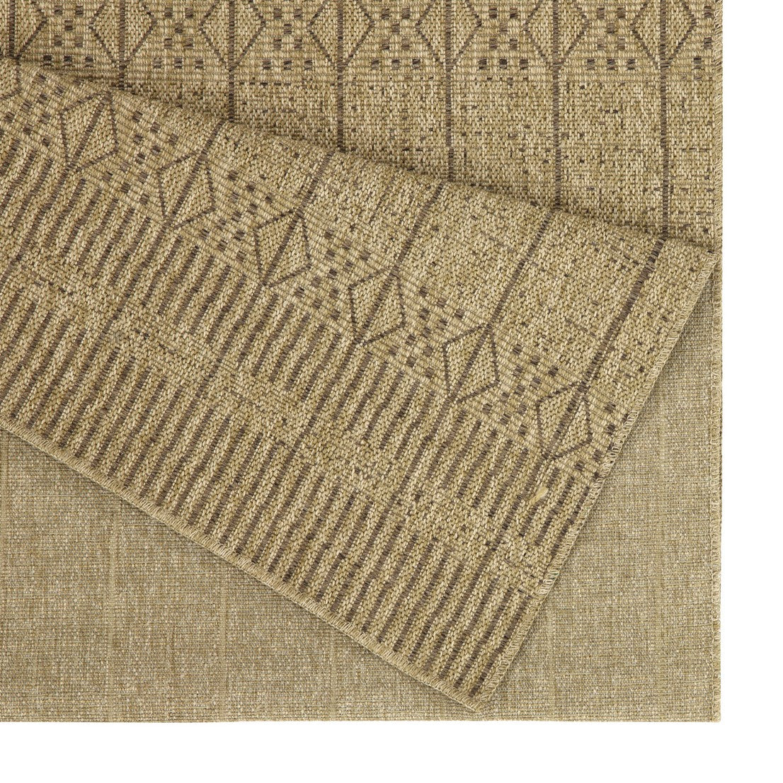 Rustic beige woven rug with diamond and stripe pattern natural texture