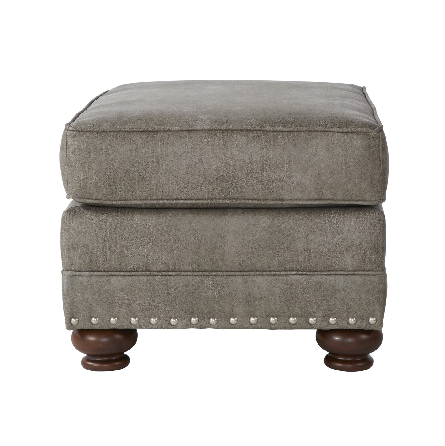 Tufted grey faux leather ottoman with nailhead trim and wooden bun feet