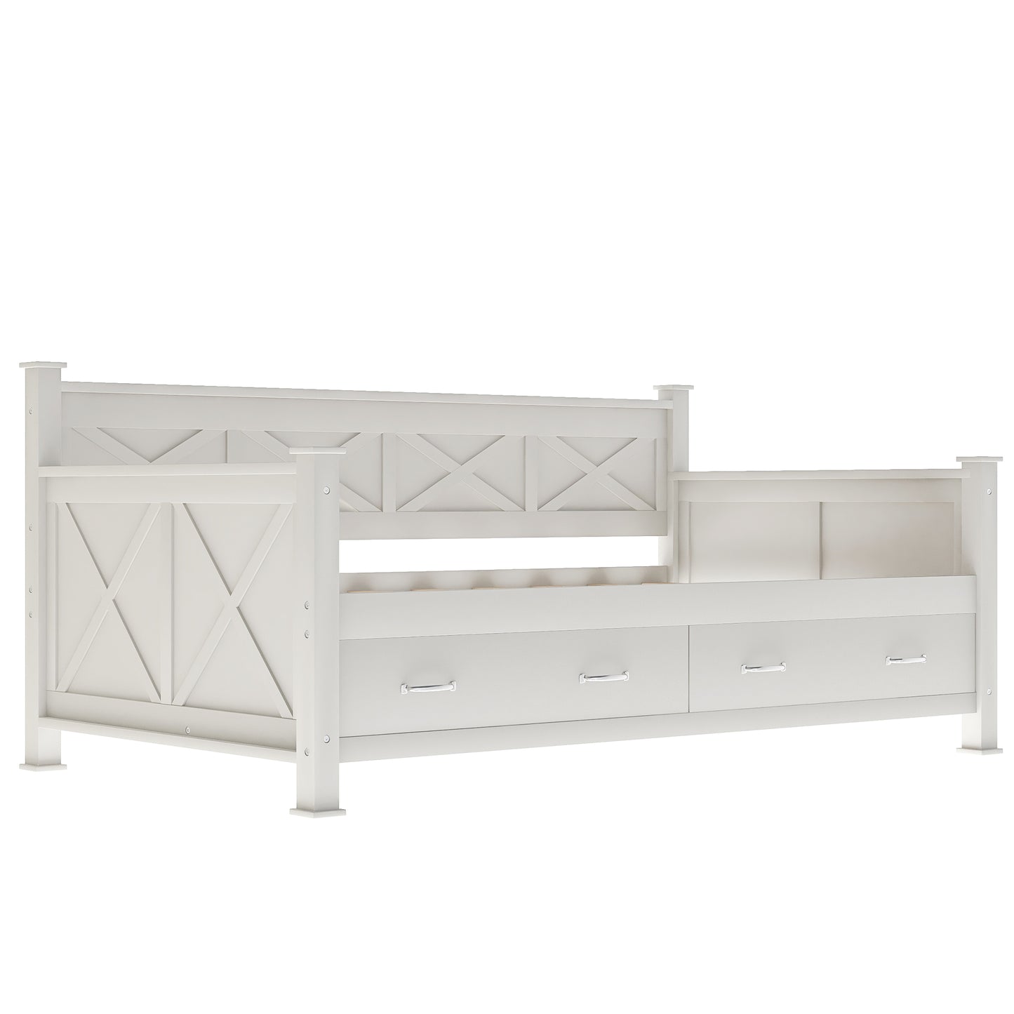 White wooden daybed with Xpanel headboard and three drawers