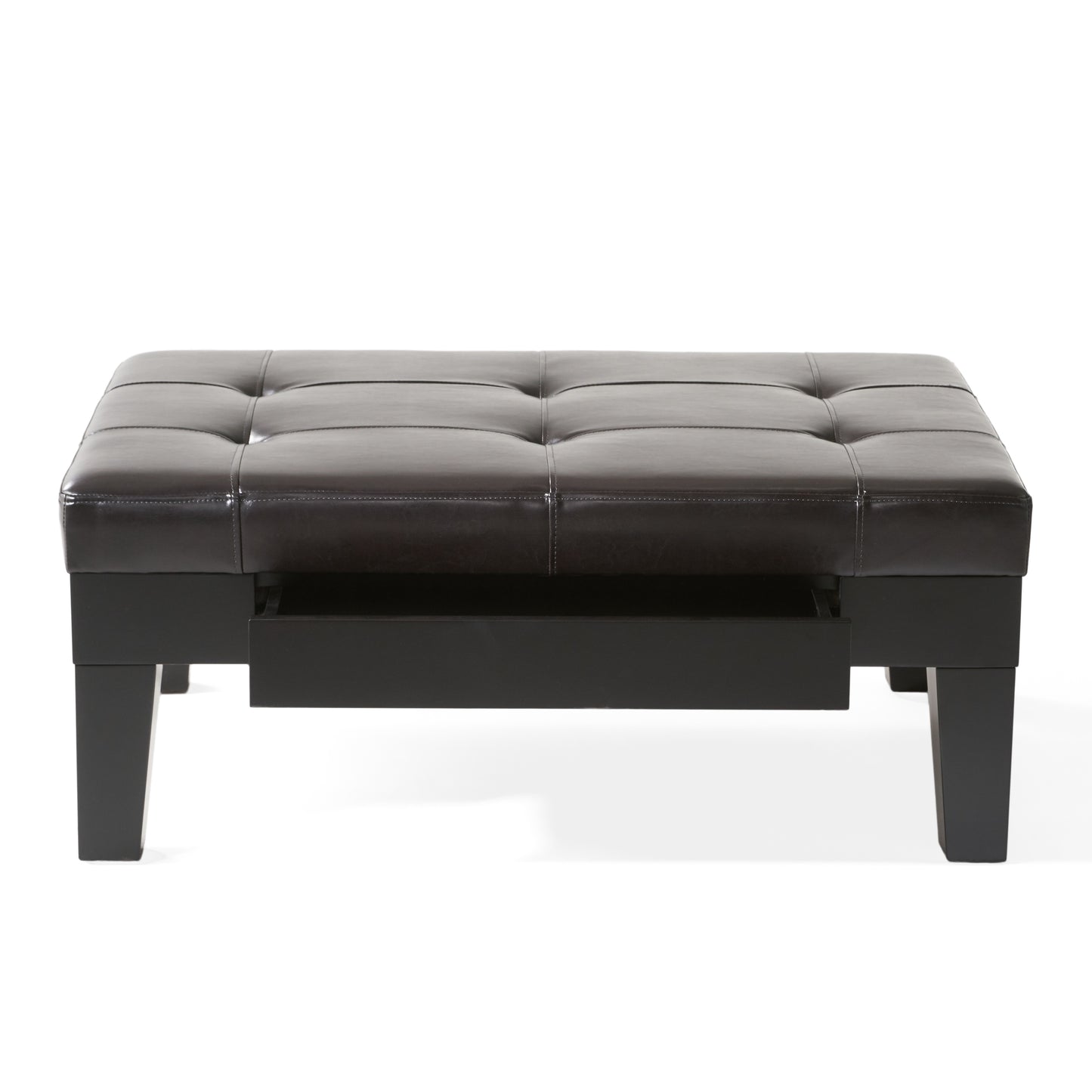 Tufted dark brown faux leather ottoman with hidden storage drawer and black legs