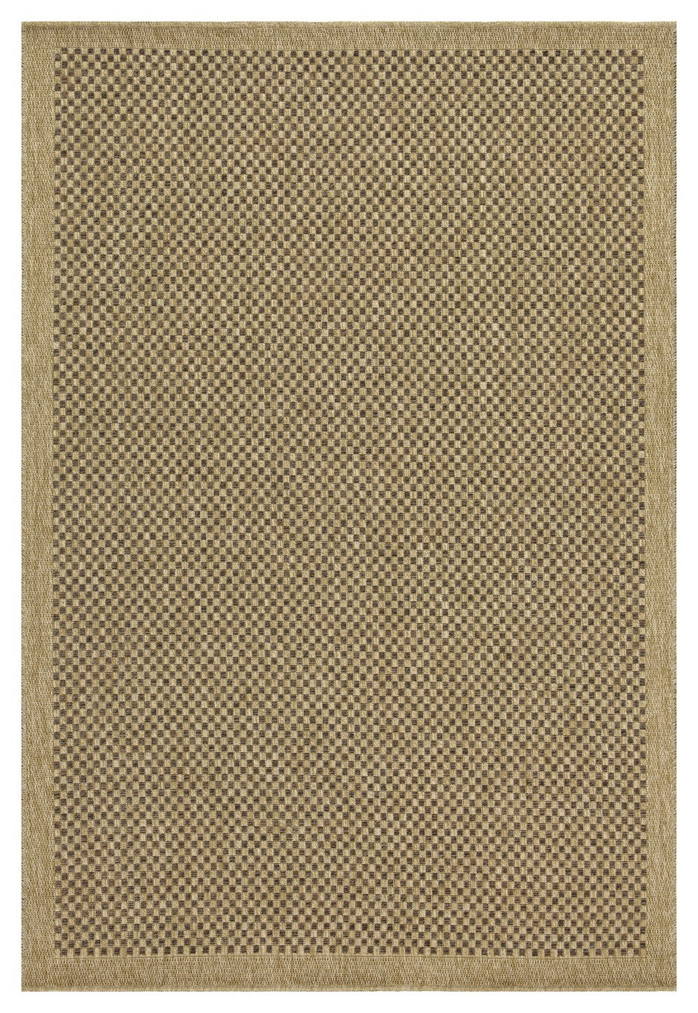 Neutral woven area rug with a textured checkerboard pattern and a tan border