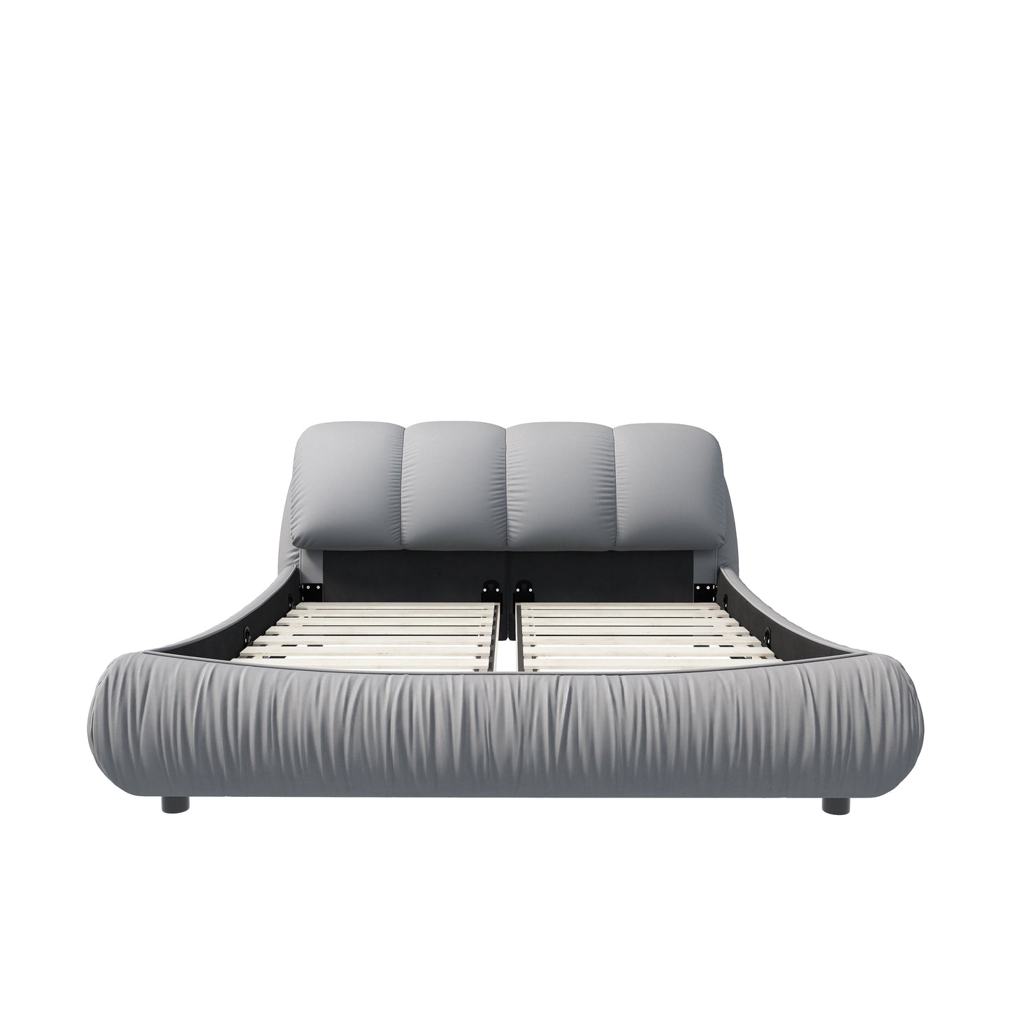 Modern grey upholstered bed frame with tufted headboard and slatted base