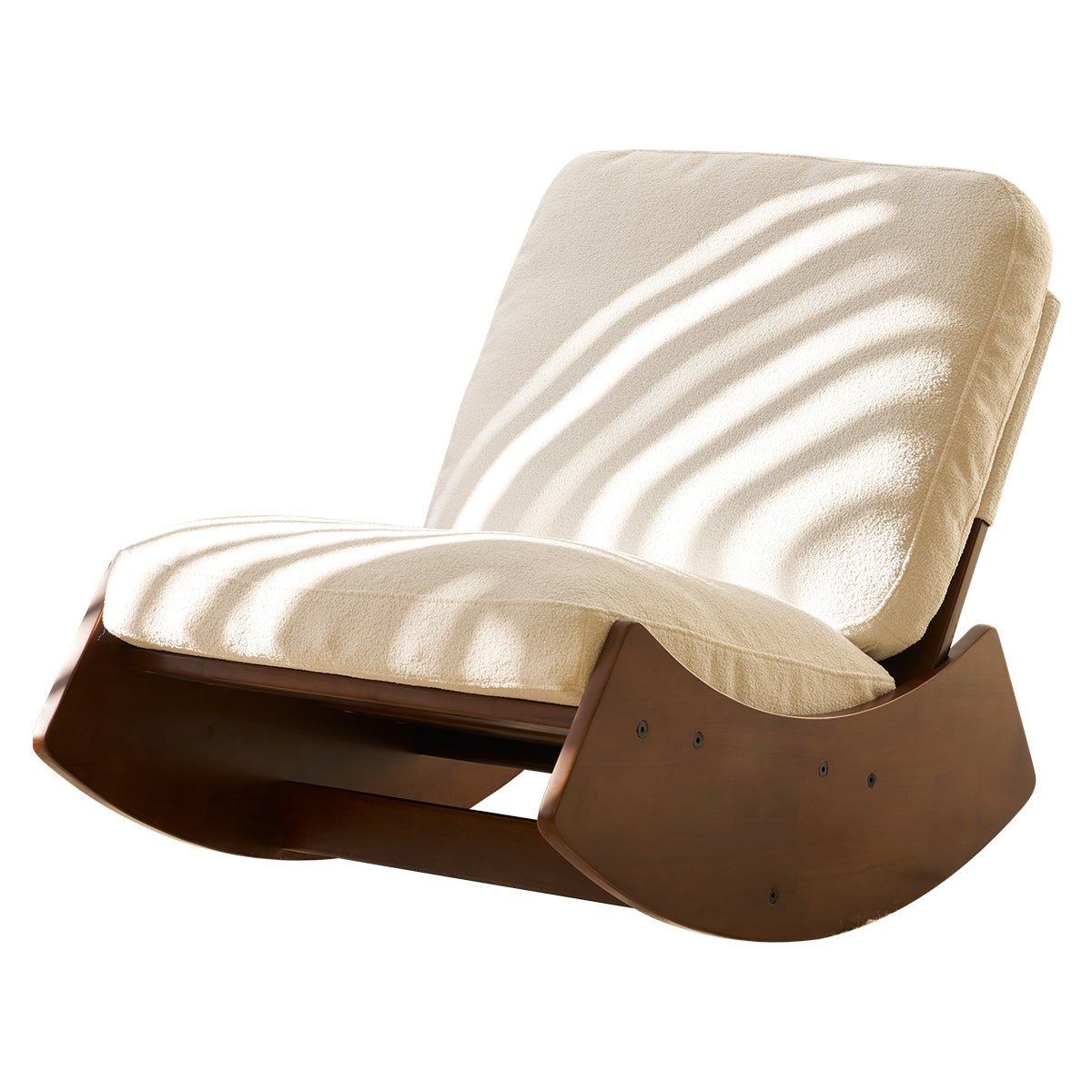 Cream upholstered modern rocking chair with rich wood base perfect for living rooms