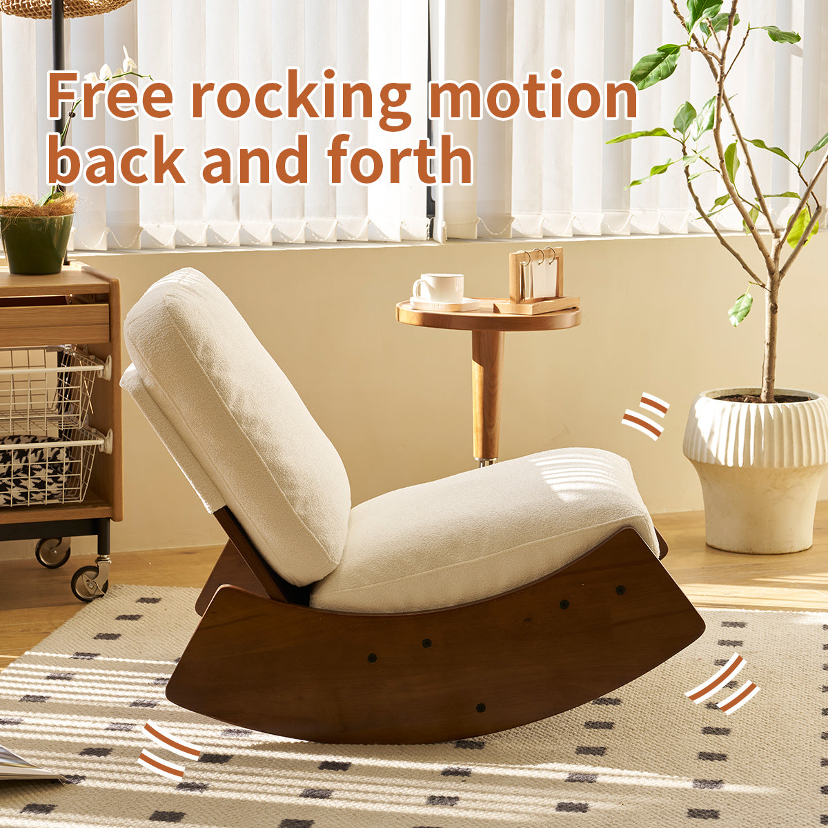 Cream boucle fabric rocking chair with dark wood base and free rocking motion