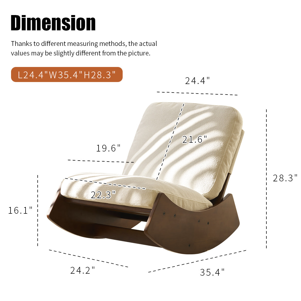 Cream upholstered accent chair with dark wood rocking base and dimensions labeled