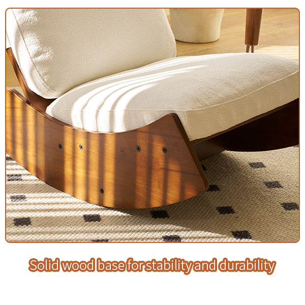 Cream textured boucle fabric rocking chair with a warm solid wood base