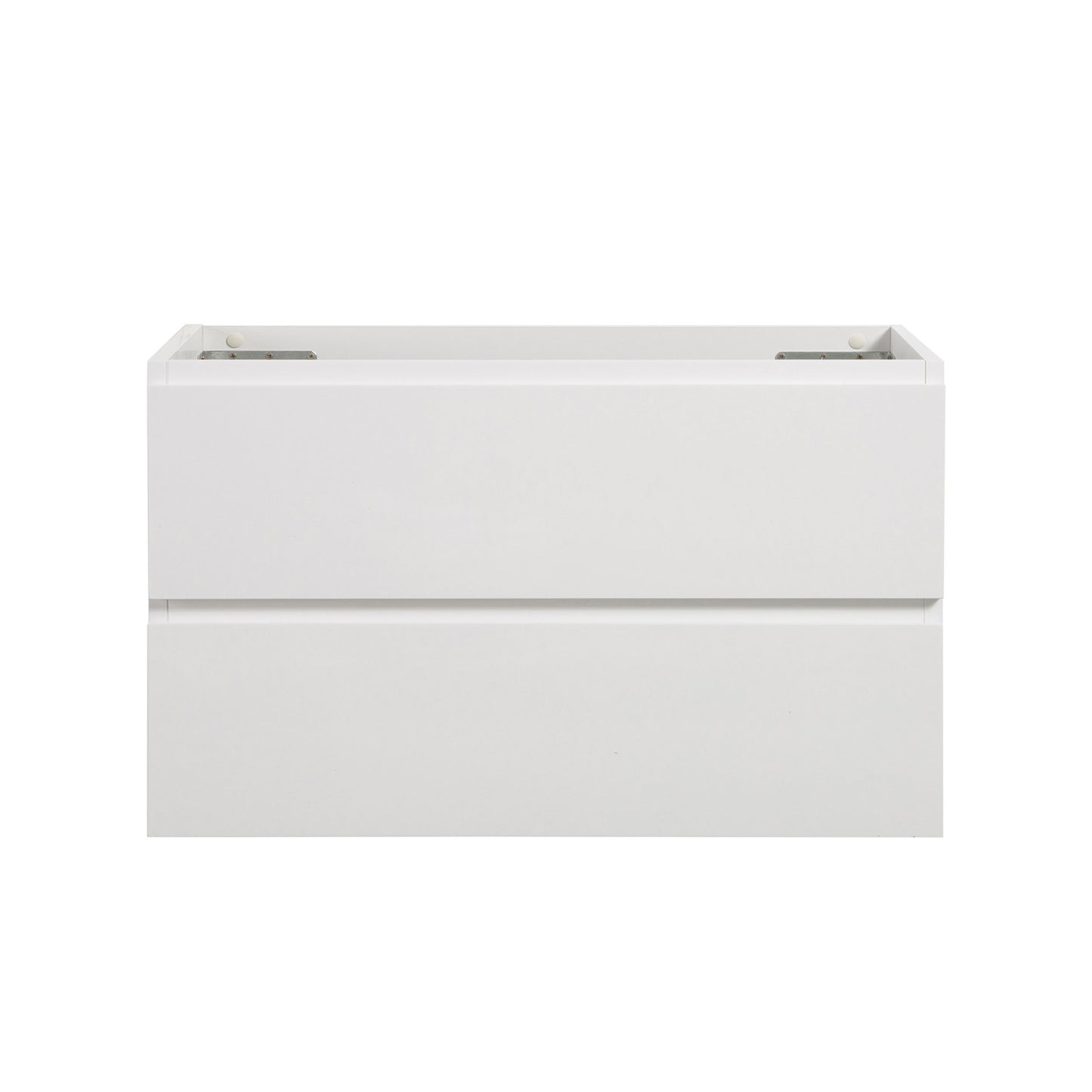 Modern white bathroom vanity cabinet with two drawers and clean lines