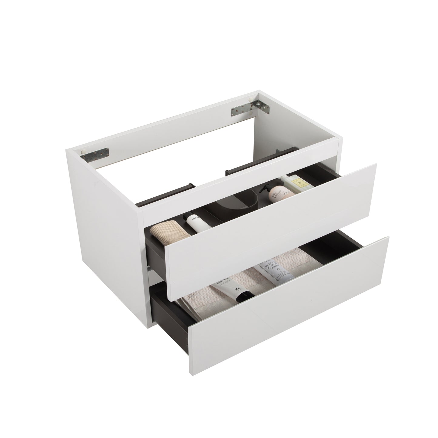 White wallmounted vanity with two drawers showcasing toiletries and towels