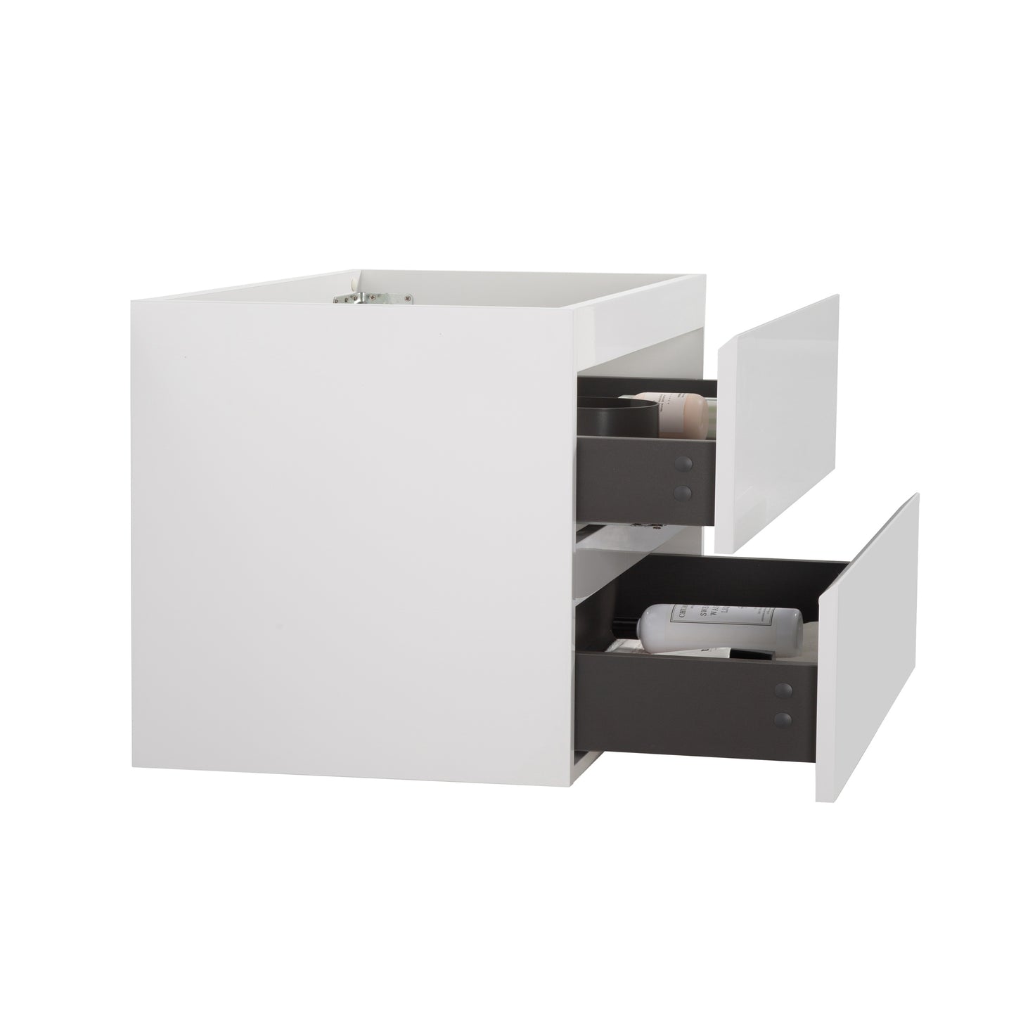 White highgloss twodrawer vanity cabinet with dark grey interiors for bathroom storage