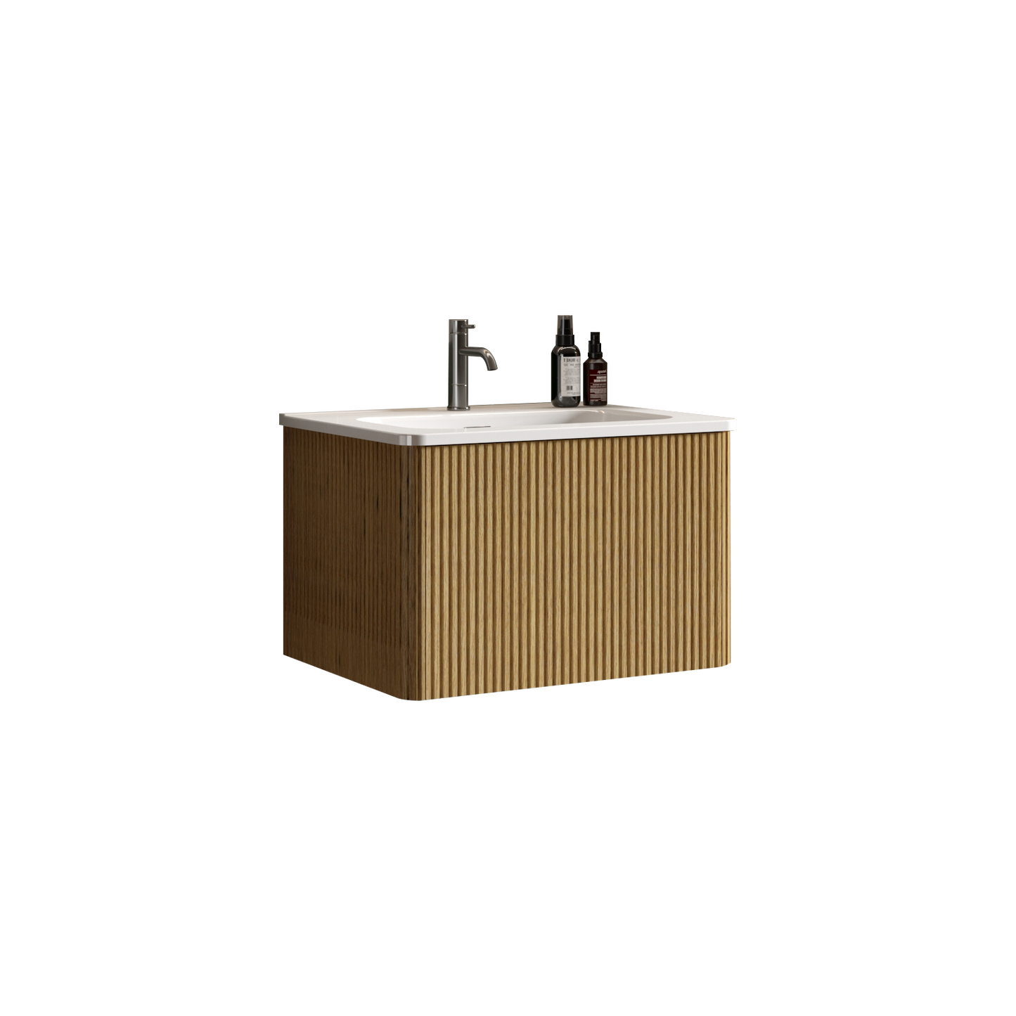 Modern wallmounted bathroom vanity with fluted oak finish and chrome faucet