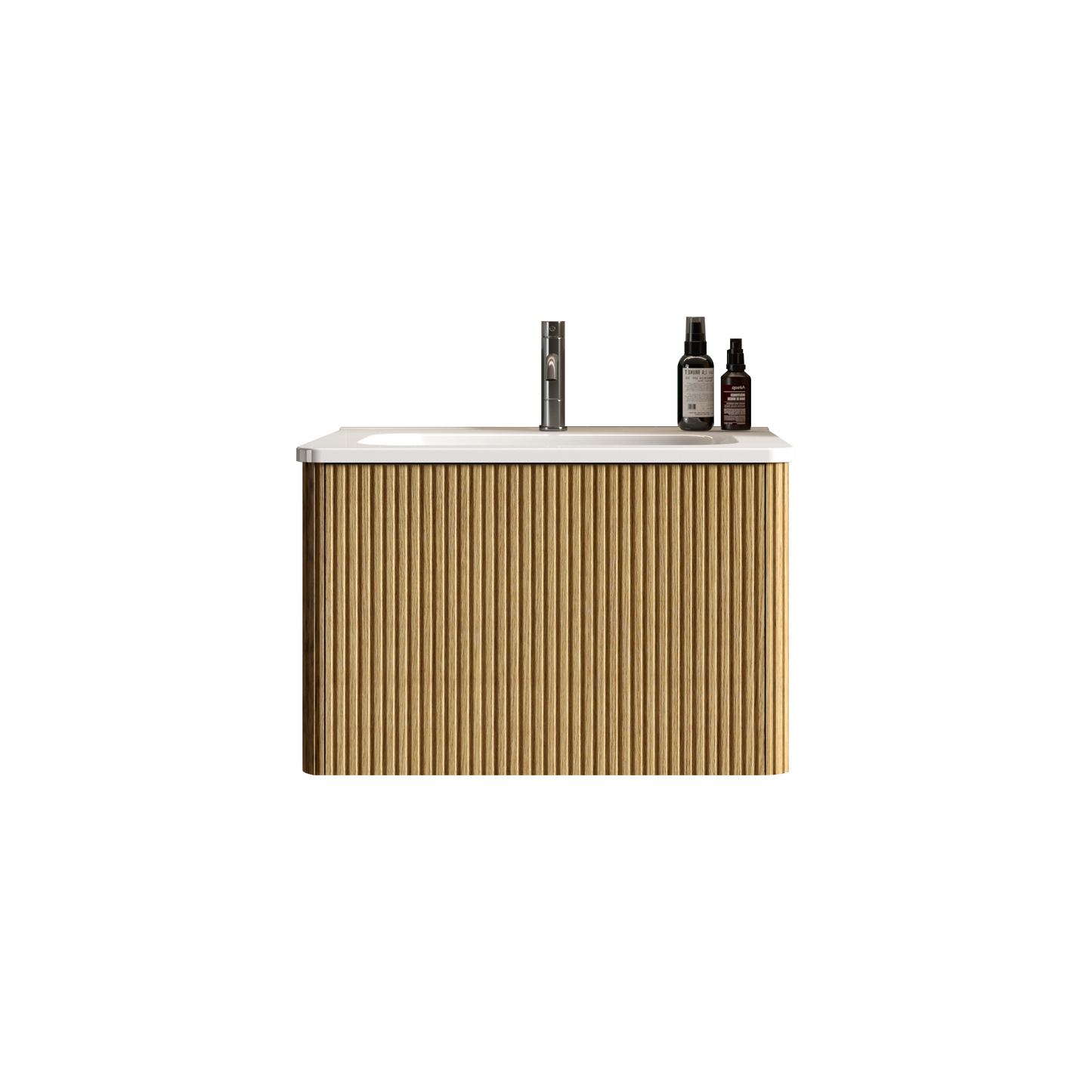 Modern fluted oak bathroom vanity with white countertop and modern chrome faucet