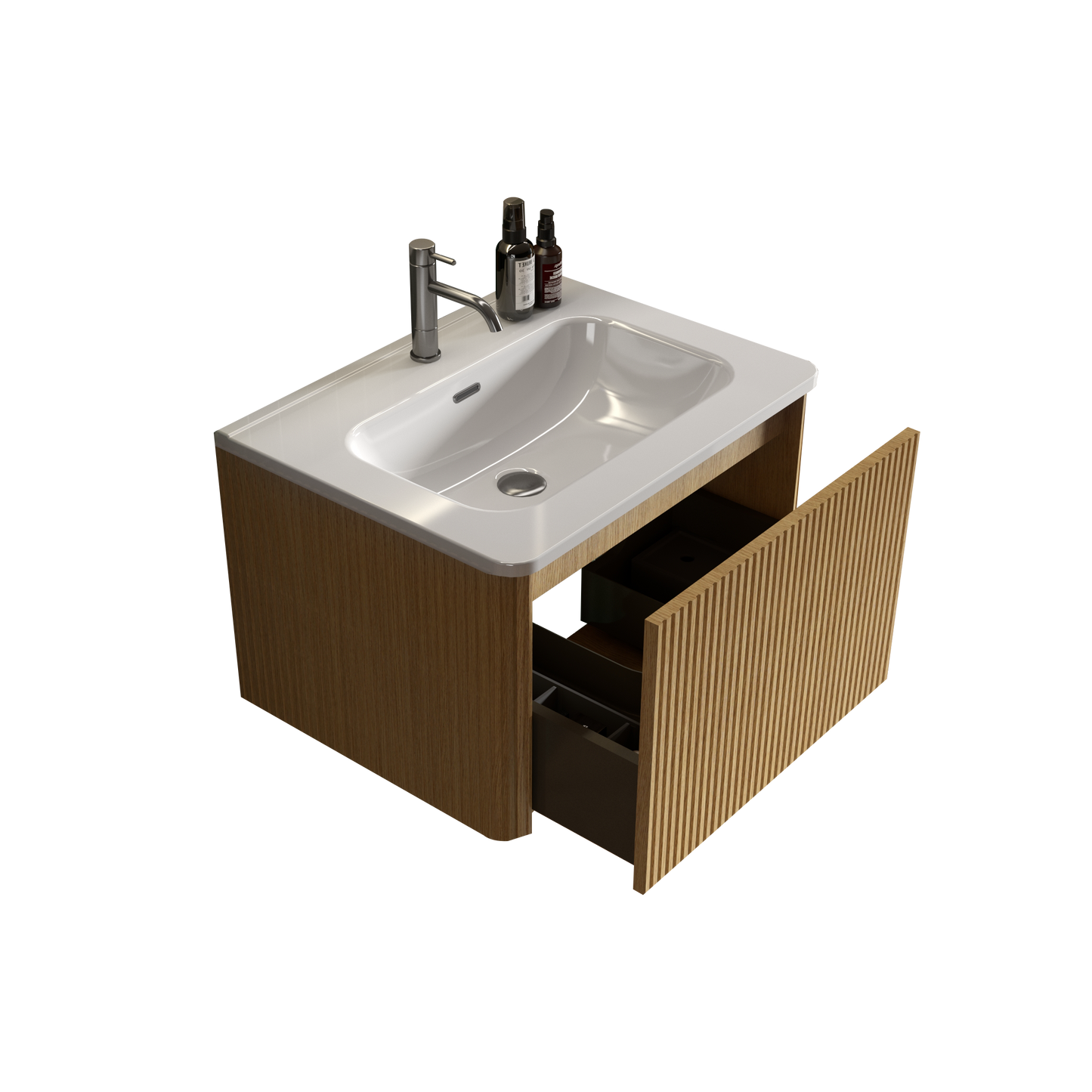 Modern wooden vanity with white ceramic sink and chrome faucet