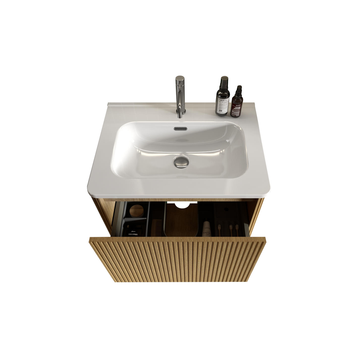 Modern white ceramic sink with chrome faucet and wooden vanity drawers
