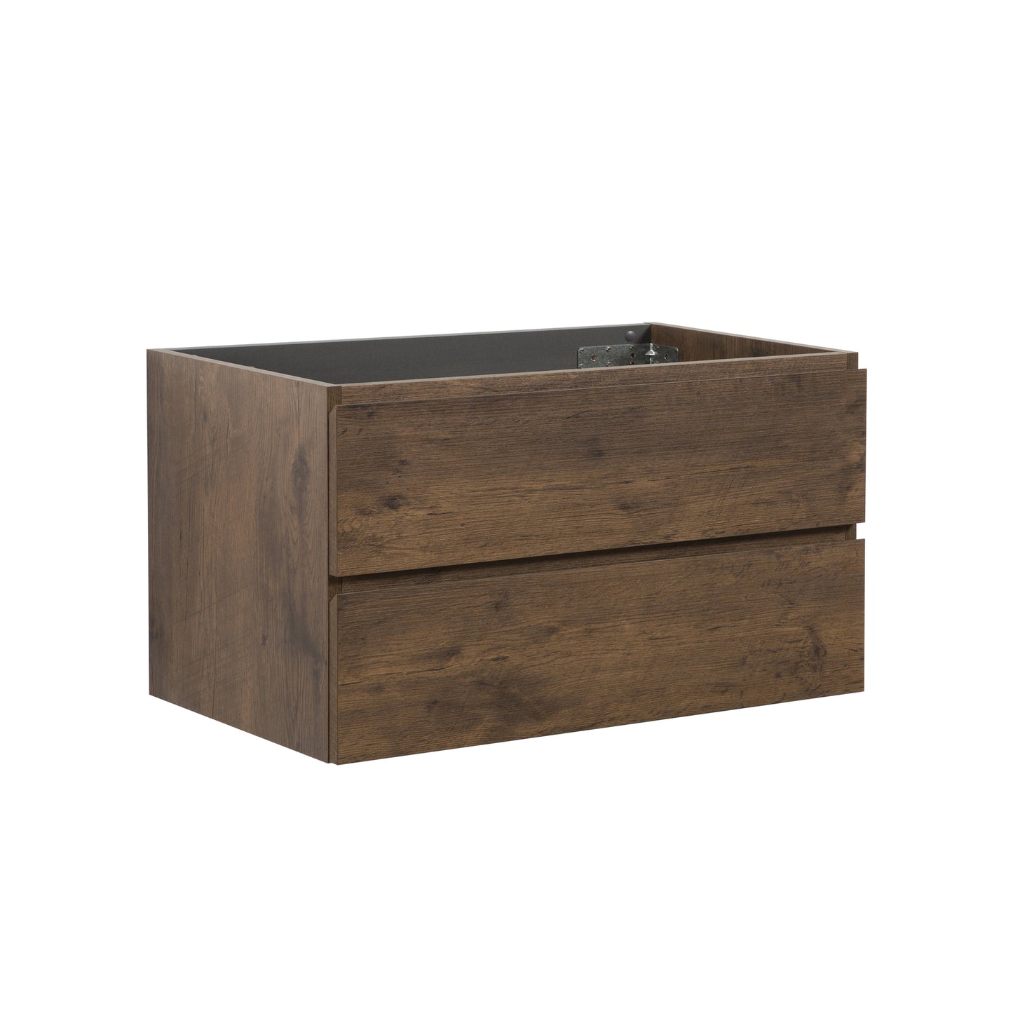 Dark wood grain vanity cabinet with two drawers and silver hardware modern bathroom fixture