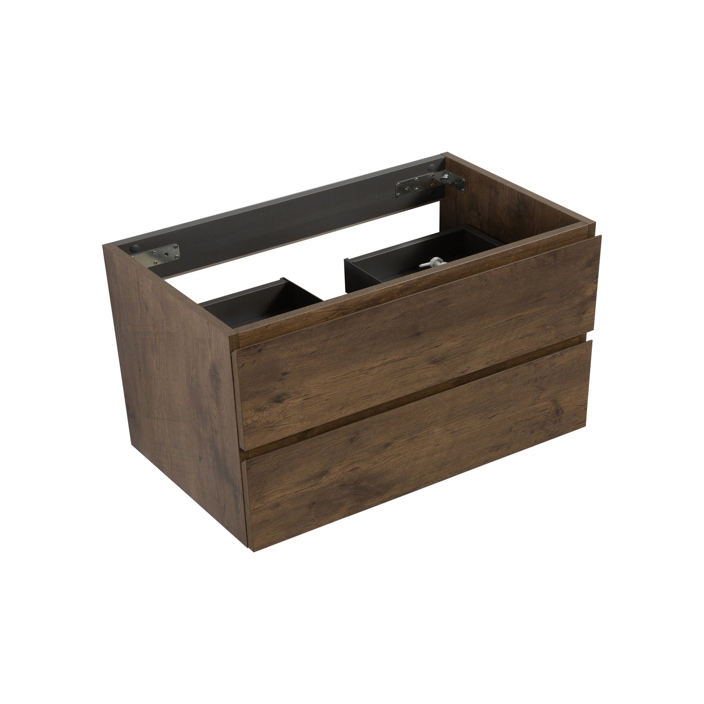 Modern walnut veneer vanity cabinet with two drawers and dark interior