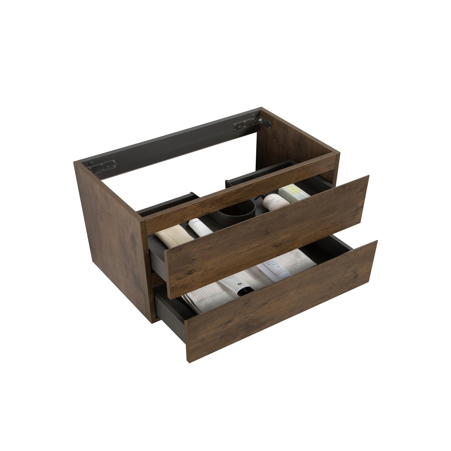 Modern wood vanity cabinet with two drawers showing skincare products and folded towels