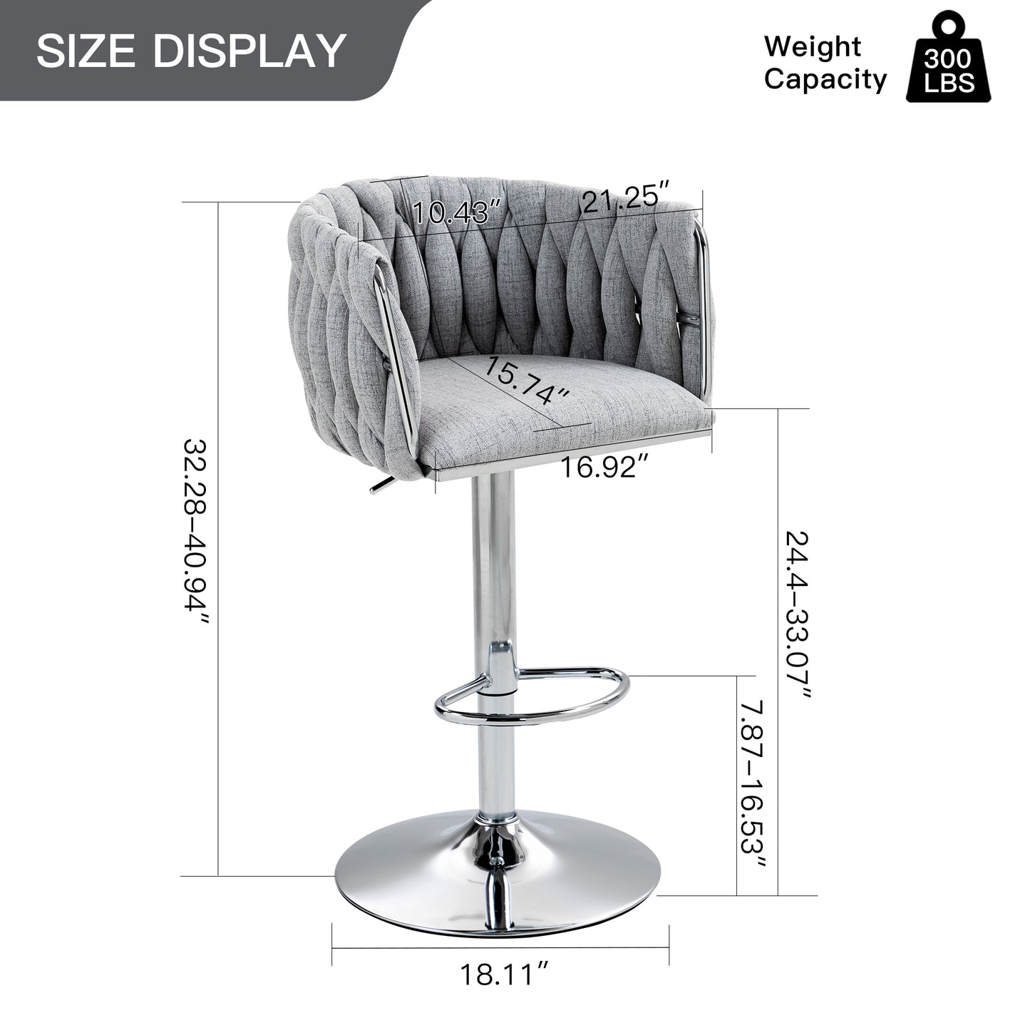 Grey tufted fabric bar stool with chrome base and adjustable height