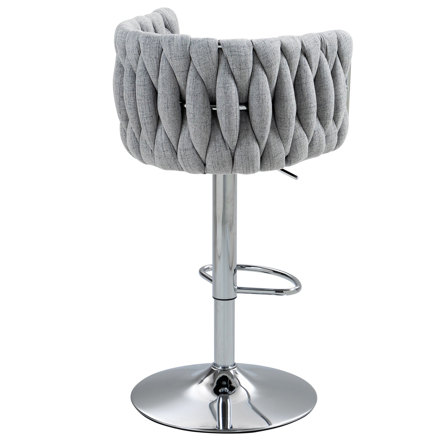 Grey fabric bar stool with braided backrest and chrome base